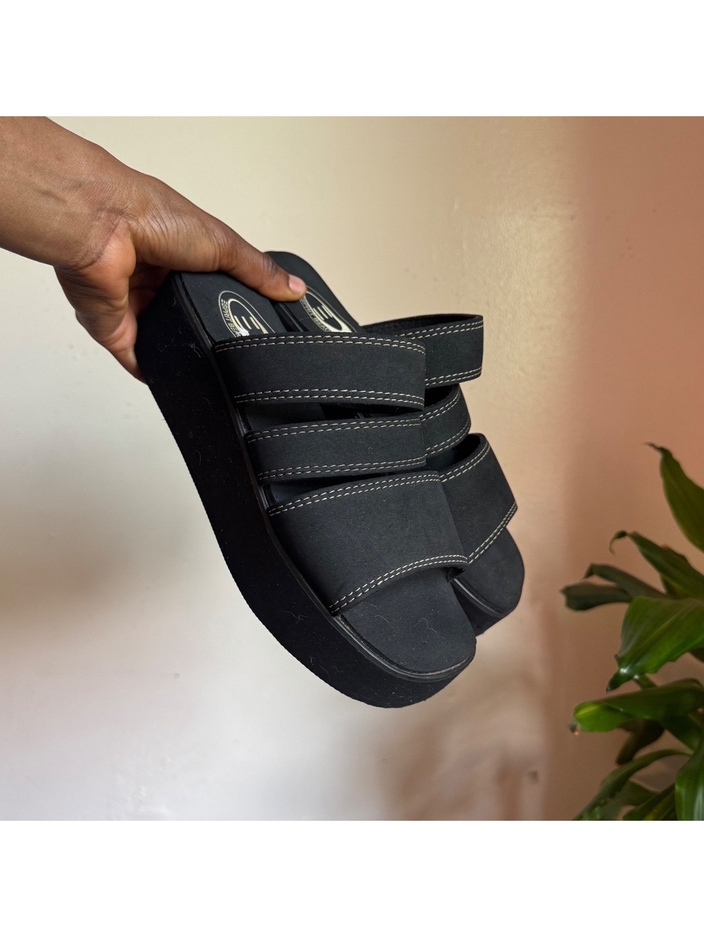 Y2K Esprit bratzcore Platform Slides Black Contrast Stitch Strappy Sandals US 7